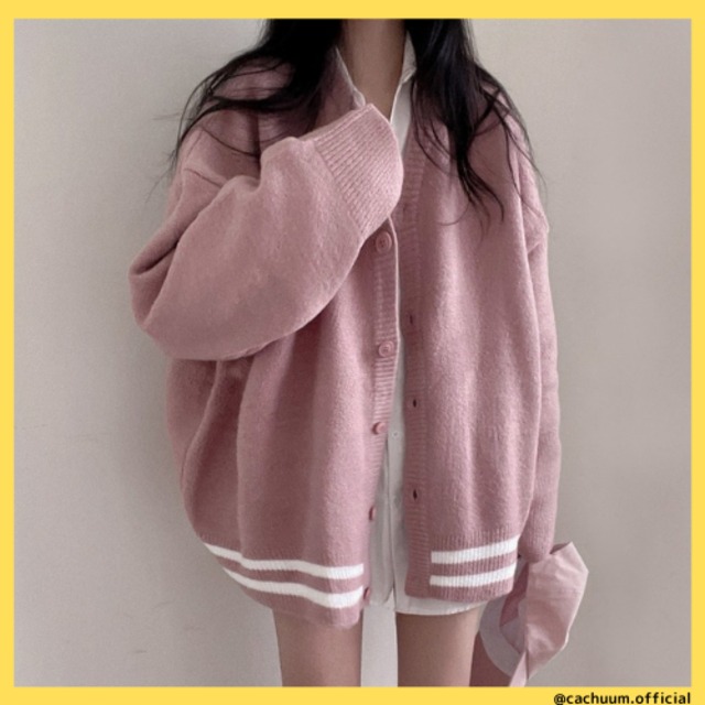 ニットカーディガン/シンプルアクセント(ピンク)