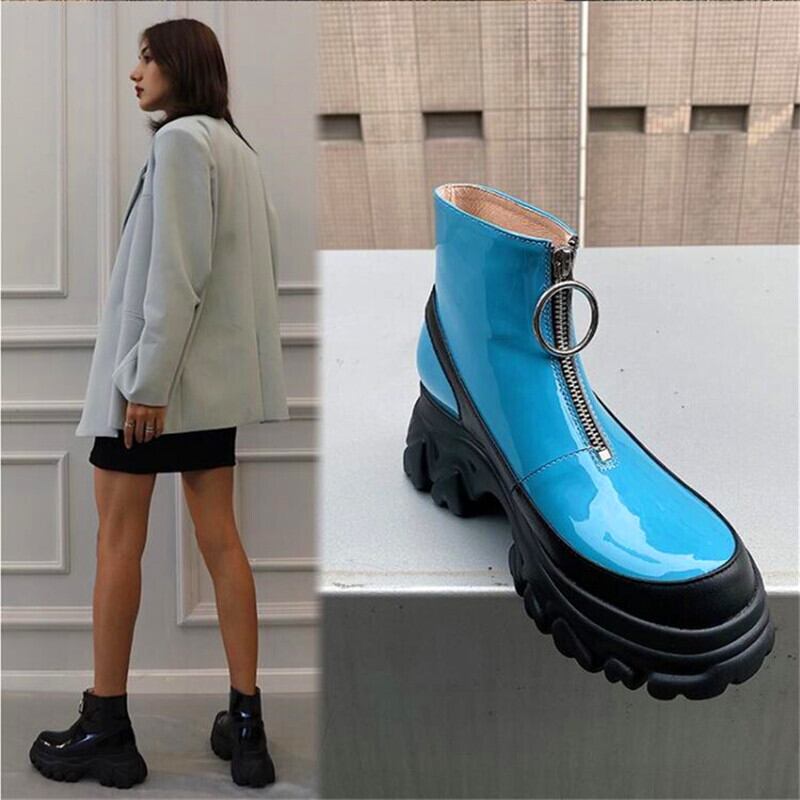 【新作】【送料無料】 カラーマッチング増加プラットムレディースメタルバックルハイヒールブーツブラックブルーラウンドトゥブーツウィンターレディースファッションブーツ 靴 シューズ 冬物 ラウンドトー 10b364977301645