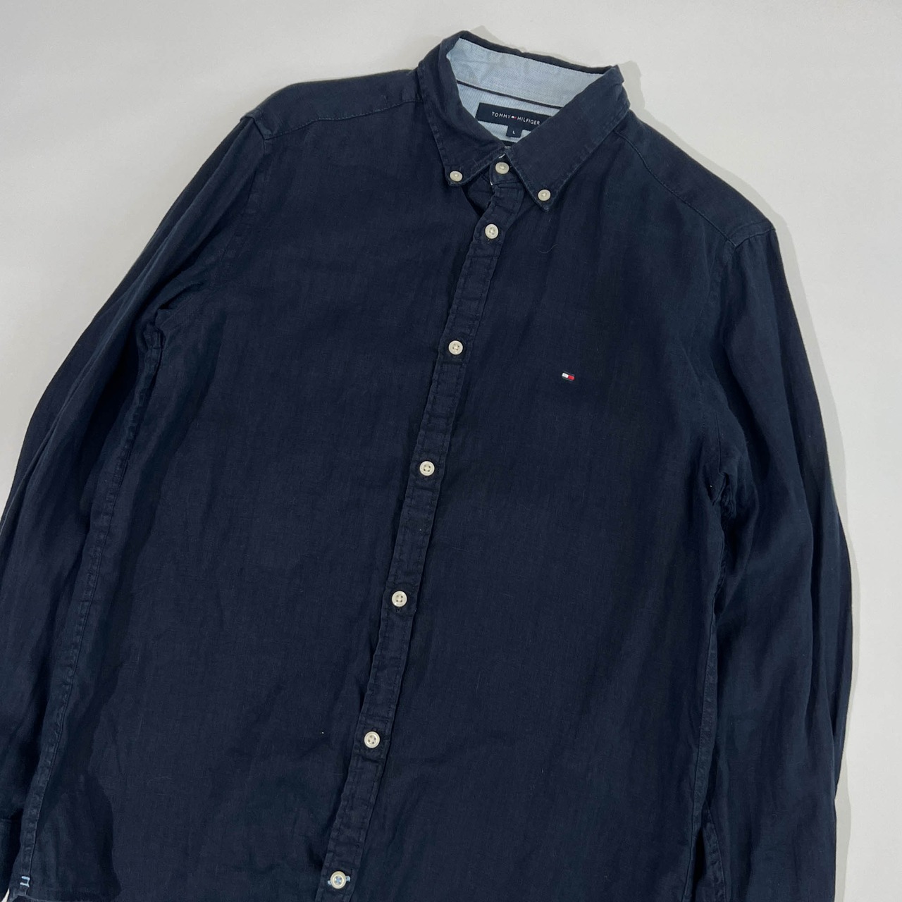 リネン100% TOMMY HILFIGER トミーフィルフィガー BD ボタンダウン 長袖シャツ L/ネイビー メンズ 麻