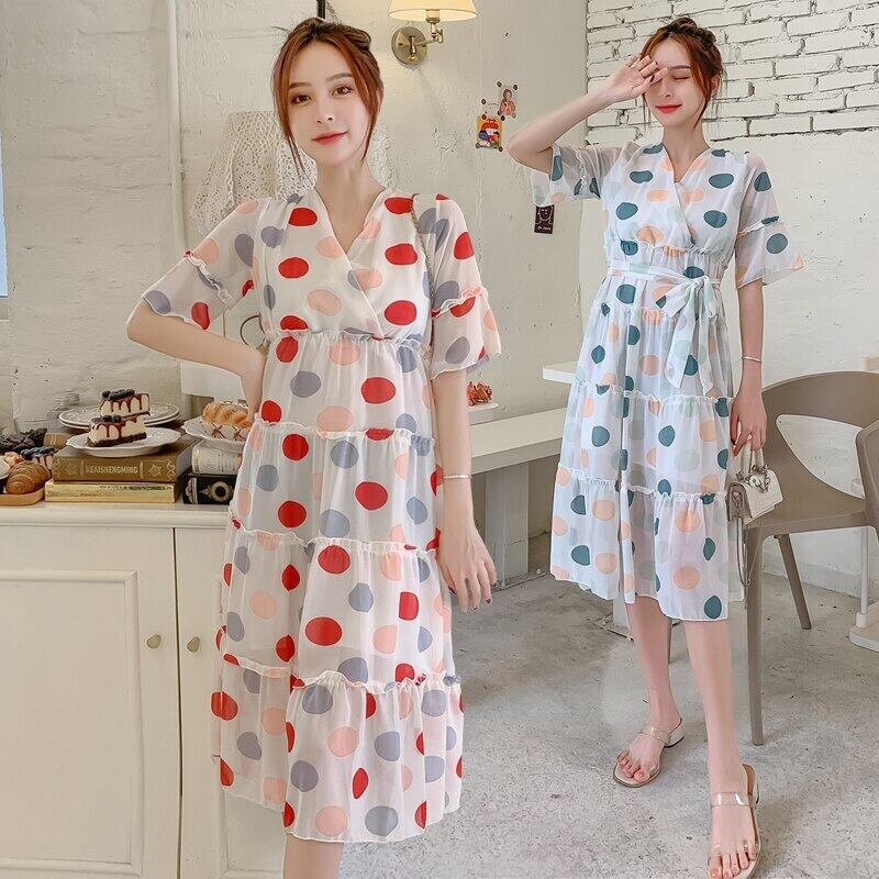 【新作】【送料無料】 1635＃マタニティ服サマーシフォン半袖イージーマッチングルーズポルカドットドレス妊婦ママドレス ショート ハーフスリーブ 夏物 AL expec321361268081