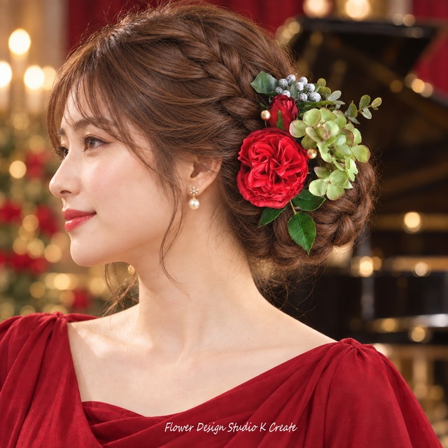 赤い薔薇とブラックベリーのヘッドドレス 結婚式 前撮り 発表会 髪飾り 赤 緑 ヘッドピース ヘッドドレス バラ 薔薇 成人式 美女と野獣