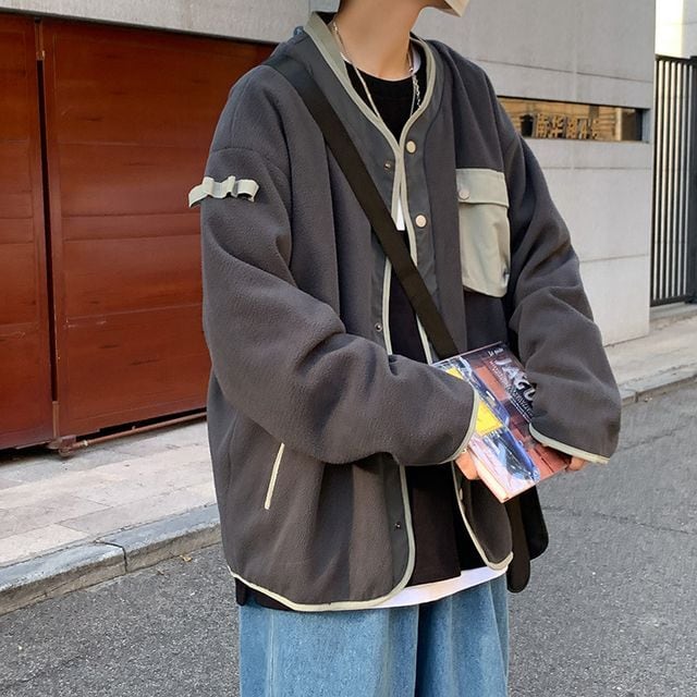 【予約販売】ノーカラー ジャケット フリース 無地 バイカラー オーバーサイズ グレー ベージュ ショート丈 コート ジャケット 防寒 お洒落 こなれ感 ベーシック 秋冬 大きいサイズ M/L/XL/2XL