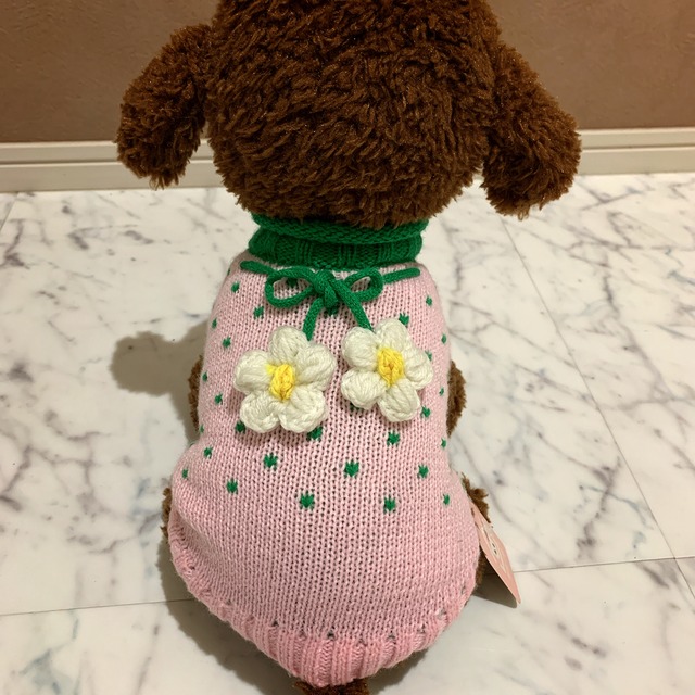 犬服 猫服 ペット服 お花モチーフ ドットセーター ピンク:XS.M.XL