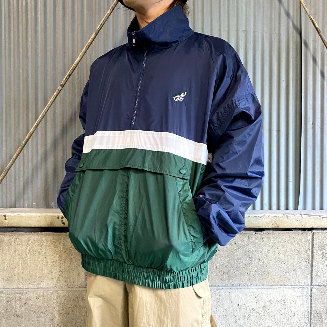 90年代 ジェイシーペニー Usaオリンピックモデル ナイロンプルオーバージャケット メンズl 古着 アノラック ウインドブレーカー 90s ヴィンテージ ビンテージ J C Penney ネイビー グリーン ホワイト ナイロンジャケット Al2109 Cave 古着屋 公式 古着通販サイト