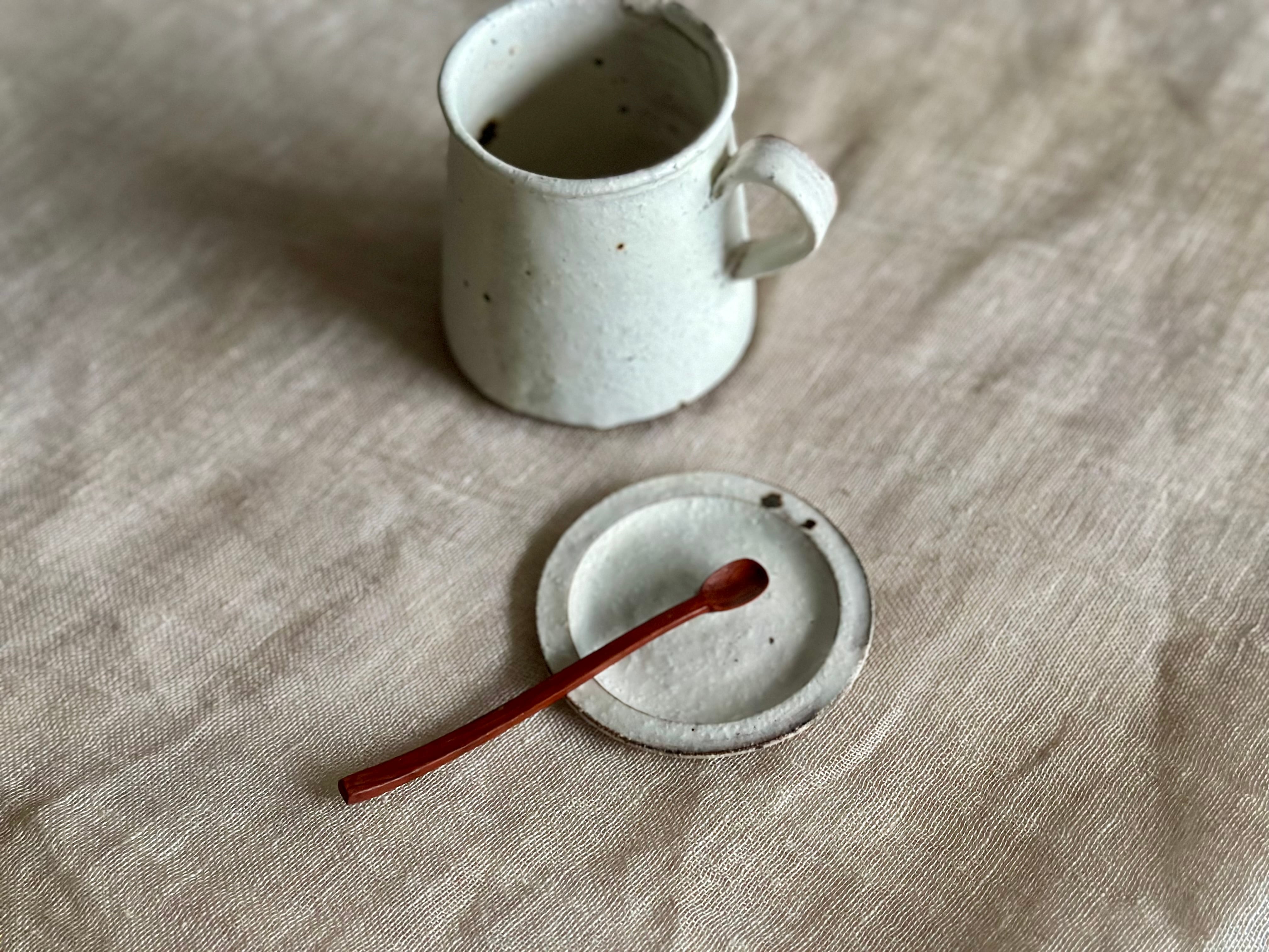 Shiromoegi台形マグロング(持ち手太)と蓋小皿とスプーンセット