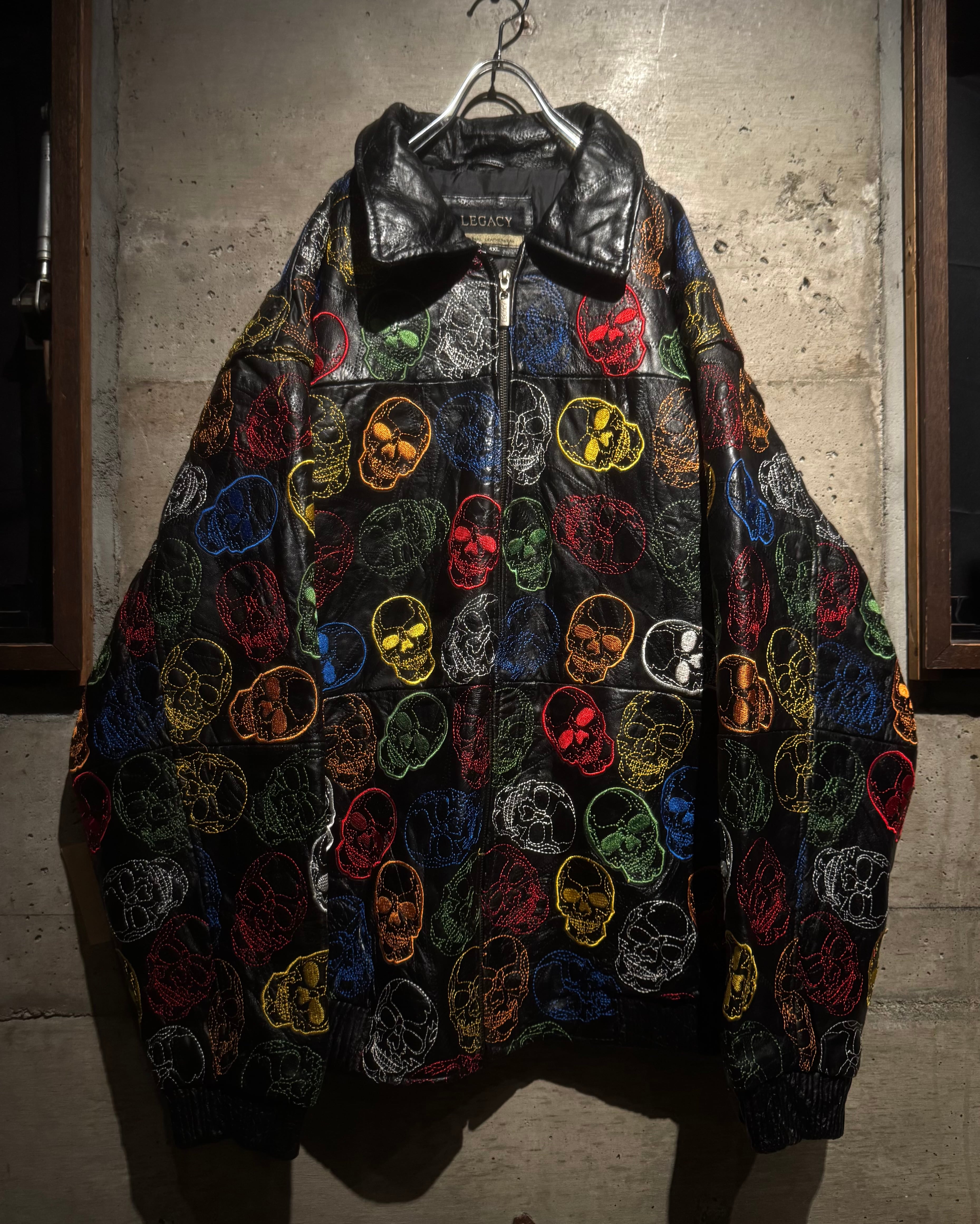Caka】Skull Total Embroidery × Patchwork Hooded Leather Jacket
