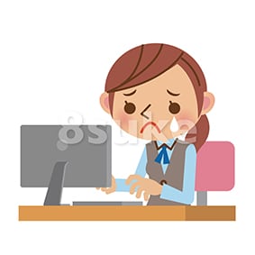 イラスト素材:悲しみながら仕事をするOL・事務職の女性(ベクター・JPG)