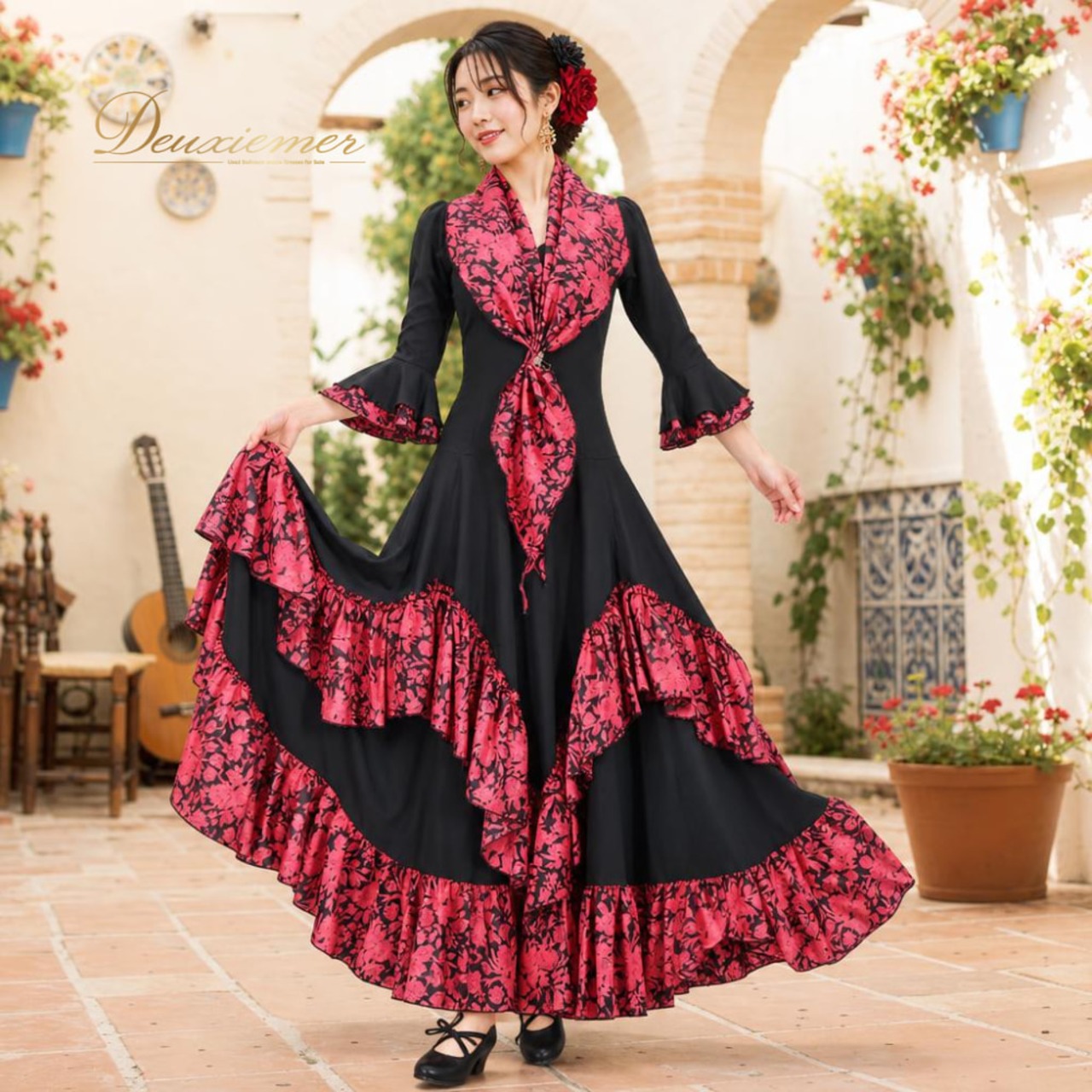 フラメンコ 衣装 Tierra ティエラ ドレス ワンピース ブラック系 ピンク系 黒 ピンク 花柄 ボランテ フリル シージョ ダンス パーティ 発表会 レディース かわいい ステージ おしゃれ