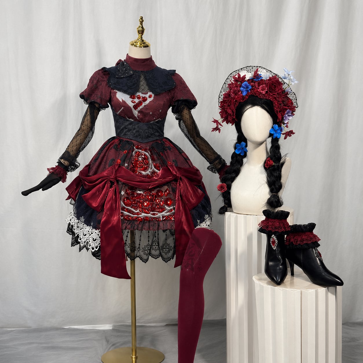 ロリータファッション 花冠付きボルドーゴスロリセットアップ