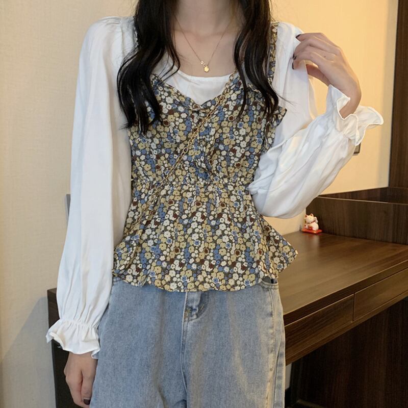 シャツ スプリングフローラルルーズスタイルブラウス ロング 大人ガーリー スウィート キュート カジュアル 春物 花柄 ステッチ 萌量不足53749263623