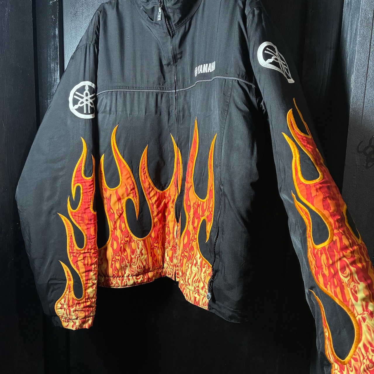 YAMAHA フレイム ライダースジャケット バイカージャケット 黒×赤ファイアー 刺繍ロゴ ヤマハ