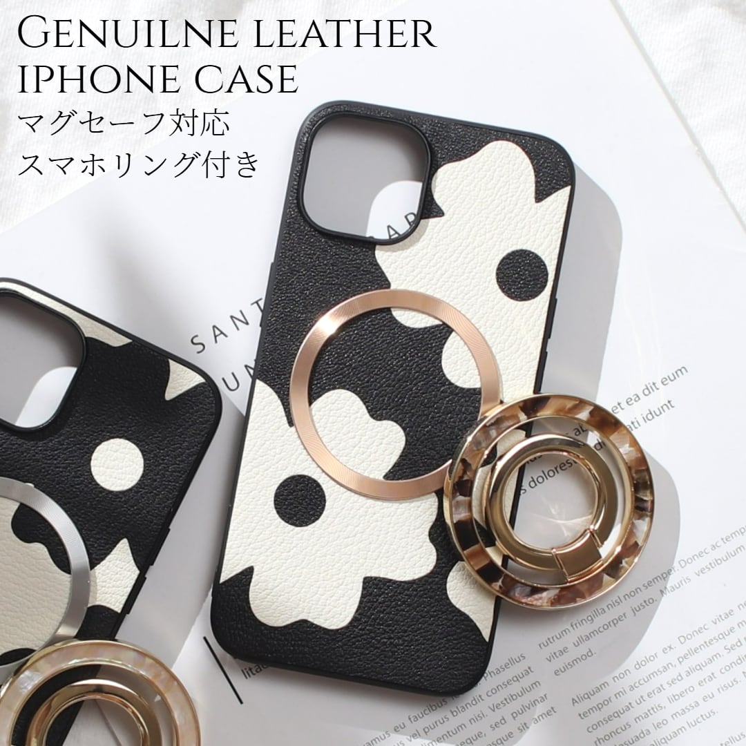iphoneケース レザー iphone16 iphone15 iphone14 iphone13 リング付き 本革 16 15 14 13 13mini マグセーフ対応 magsafe対応 ゴートレザー 16pro 15pro 14pro カバー 花柄 スマホリング iphoneケース アイフォンケース スタンド 16プロ 13ミニ べっ甲 シェル 送料無料