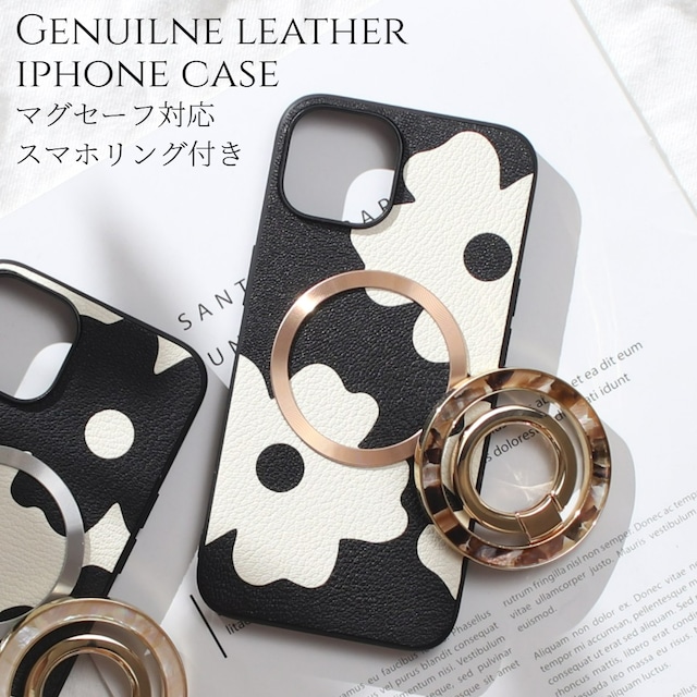 iphoneケース レザー iphone16 iphone15 iphone14 iphone13 リング付き 本革 16 15 14 13 13mini マグセーフ対応 magsafe対応 ゴートレザー 16pro 15pro 14pro カバー 花柄 スマホリング iphoneケース アイフォンケース スタンド 16プロ 13ミニ べっ甲 シェル 送料無料