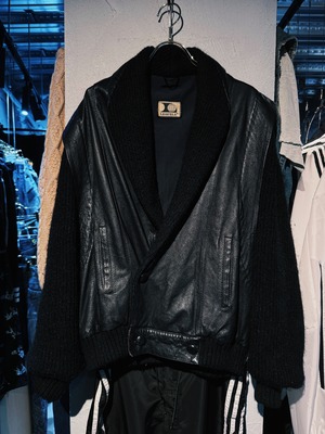 【D4C】"Euro vintage" wool collor switching design double breast leather cardigan