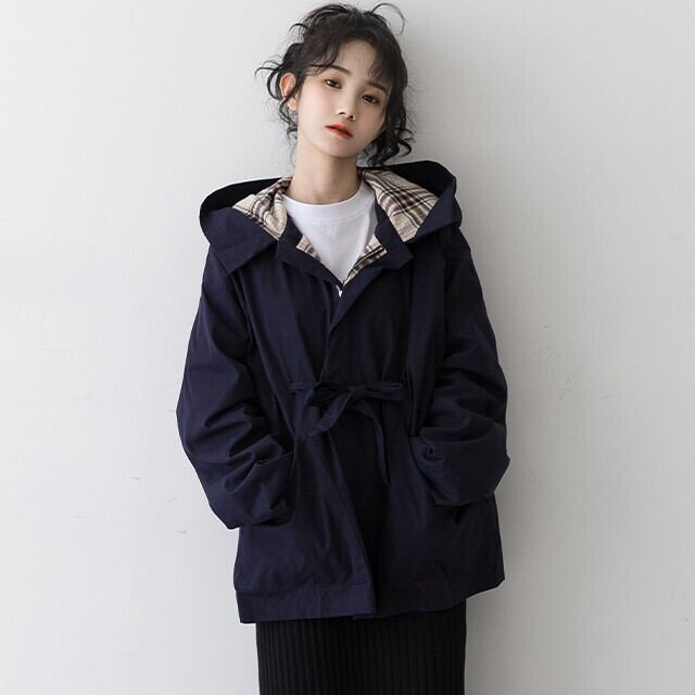 ジャケット アウター レディース チェック フード付き かわいい おしゃれ シンプル シック ネイビー S/M/L
