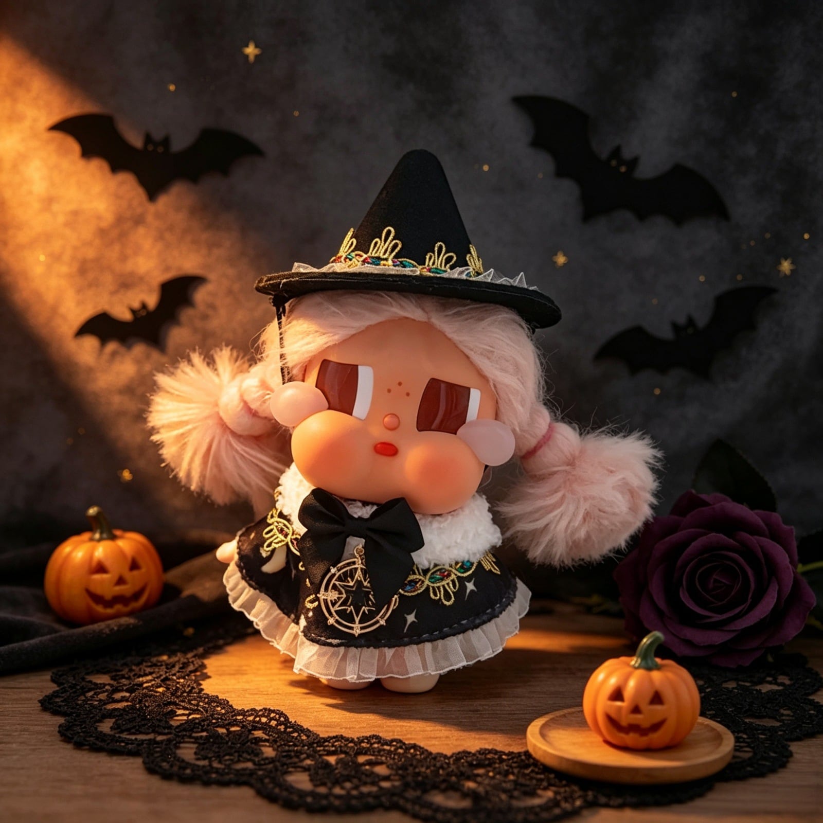 Labubu1-3代/Dimoo/Zsiga/Crababy/10cm用 魔女風 刺繍ケープ リボン