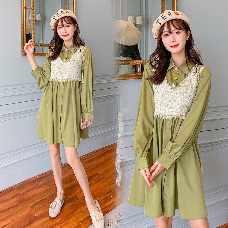 【新作】【送料無料】 2068＃マタニティドレス春秋ターンダウンカラーコットン長袖パッチワークルーズスタイリッシュドレス妊婦 ロング スプリング 春物 オータム 秋物 AL expec387013820551