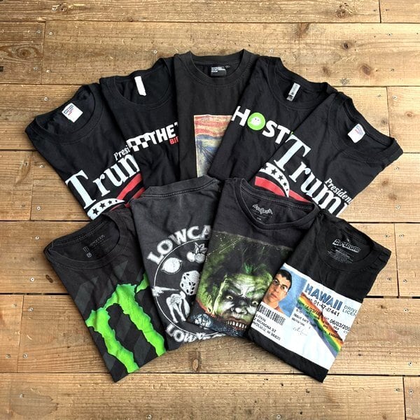 1点物◇チェッカーフラッグ黒レースプリントTシャツ古着メンズML