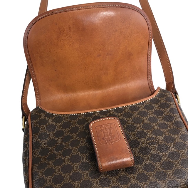 CELINE セリーヌ マカダム ショルダーバッグ ブラウン ブラゾン型押し PVCレザー vintage ヴィンテージ オールド syudng