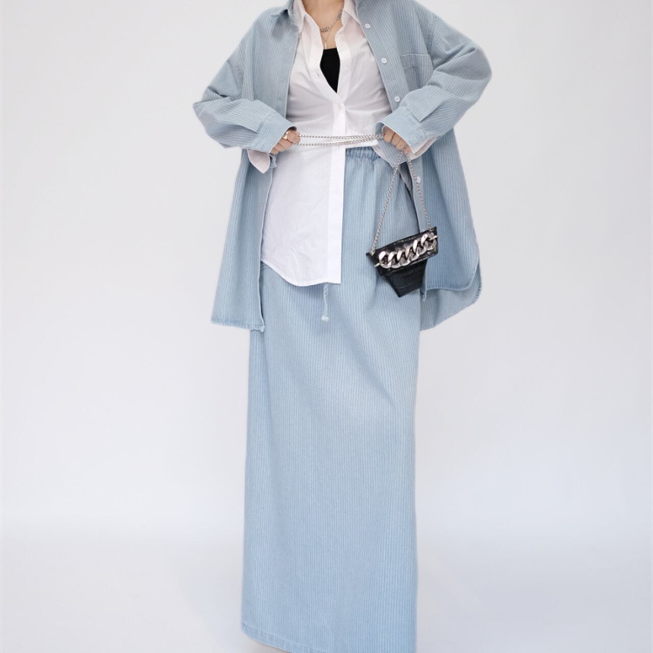 ストライプルーズシャツ&スリットロングスカートセットアップ m0101