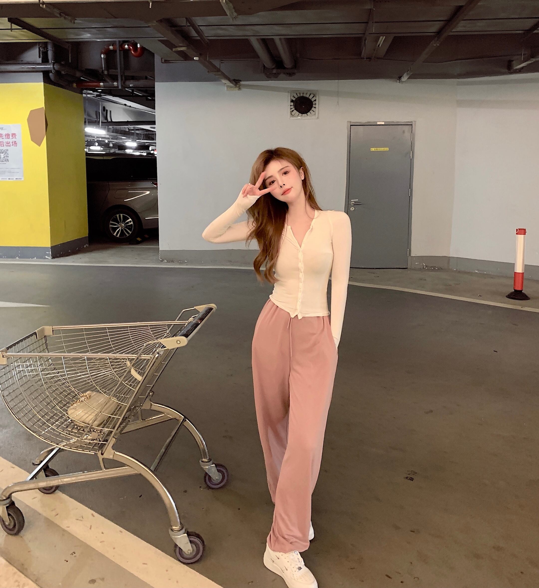 パンツ 薄手ハイウェストルーズサマーカジュアルギャザー ピンク 夏物 ブラックストロベリース7367984033