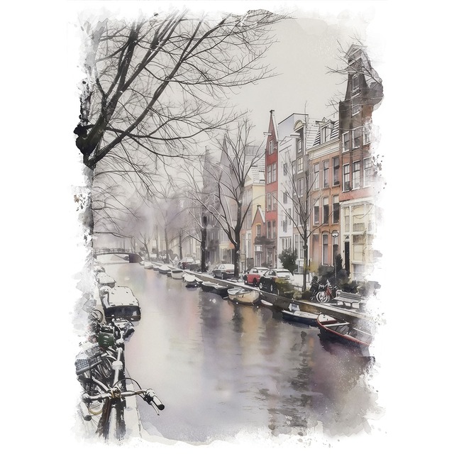 絵画 風景画(街並み) 冬のオランダ 雪が降るアムステルダムセ・グラハテン インテリアアート額付き 水彩画・油絵風 WAT0894