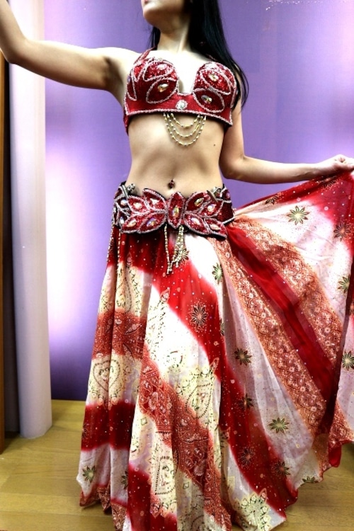 エジプト製ベリーダンス衣装 ターキッシュスタイル 三点セット 赤インド風