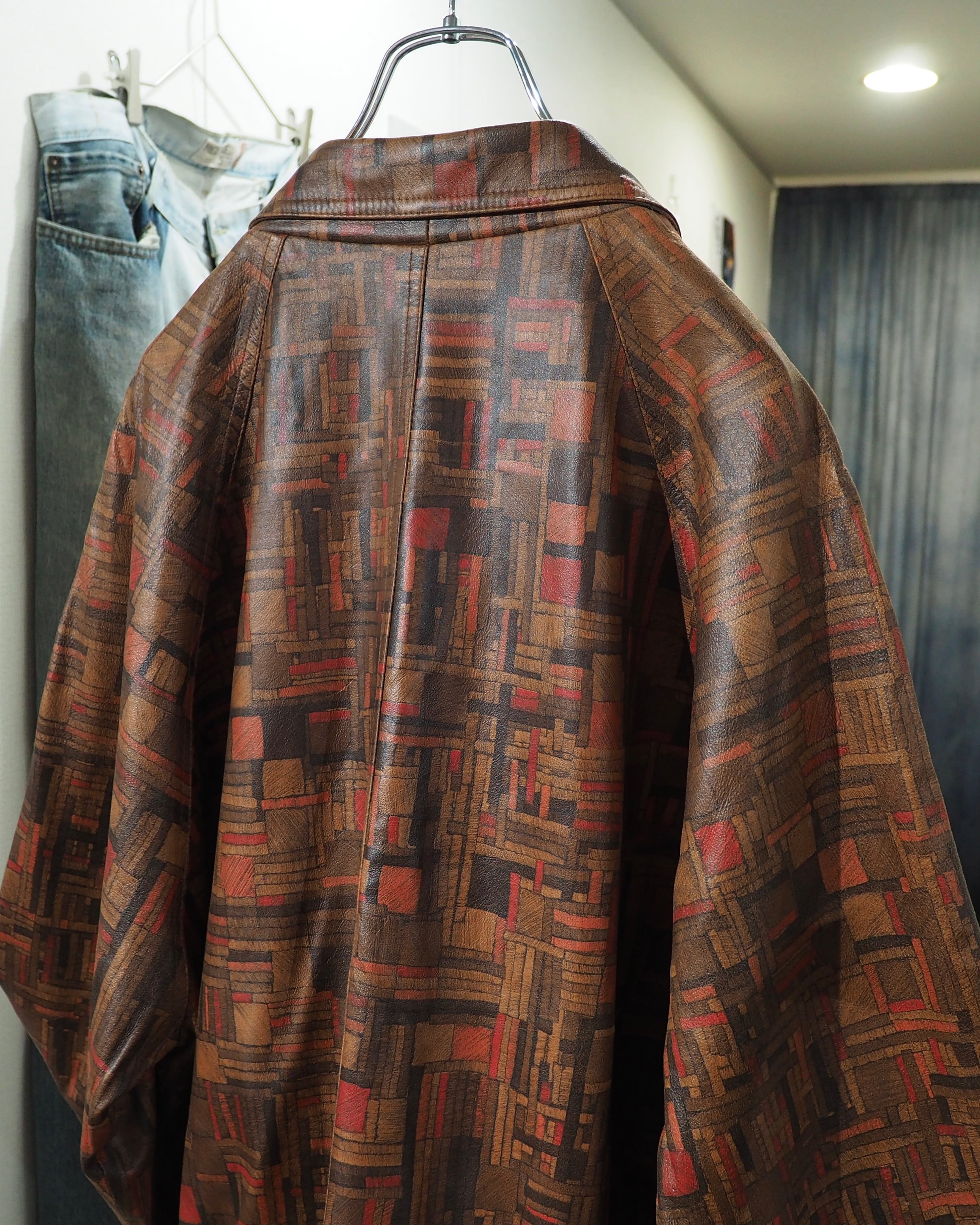 1990s Beautiful Abstract Square Pattern Vintage Loose Sheep Leather Jacket