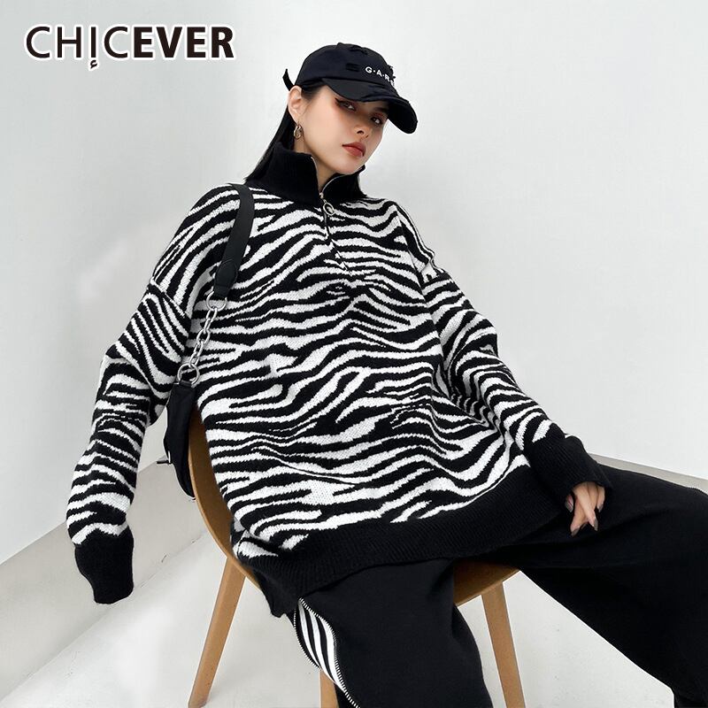CHICEVERストライプセーター女性スタンドカラー長袖ジッパーヒットカラーオーバーサイズニットプルオーバー2021 ロング 6base580240225078