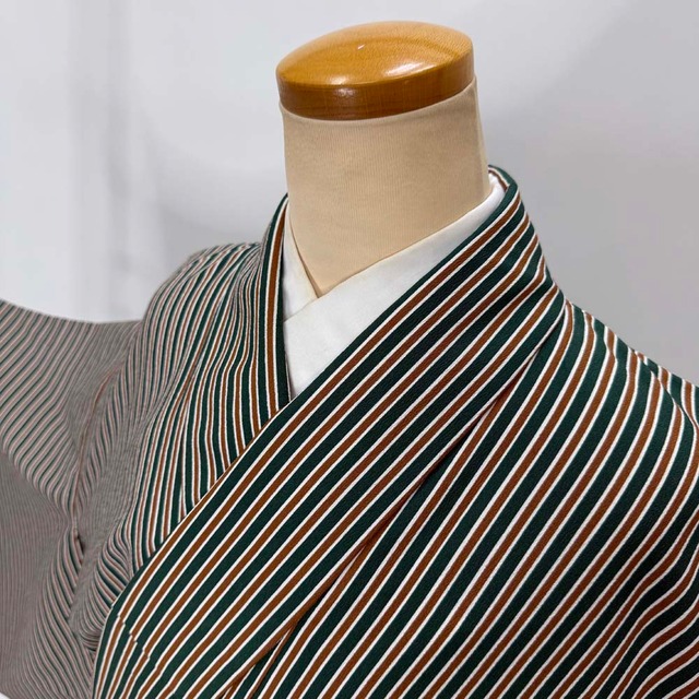 小紋 単衣 洗える着物 裄65.7cm 身丈160cm 花柄 お洒落着 普段着 ポリエステル 緑 美品 M サイズ 4597