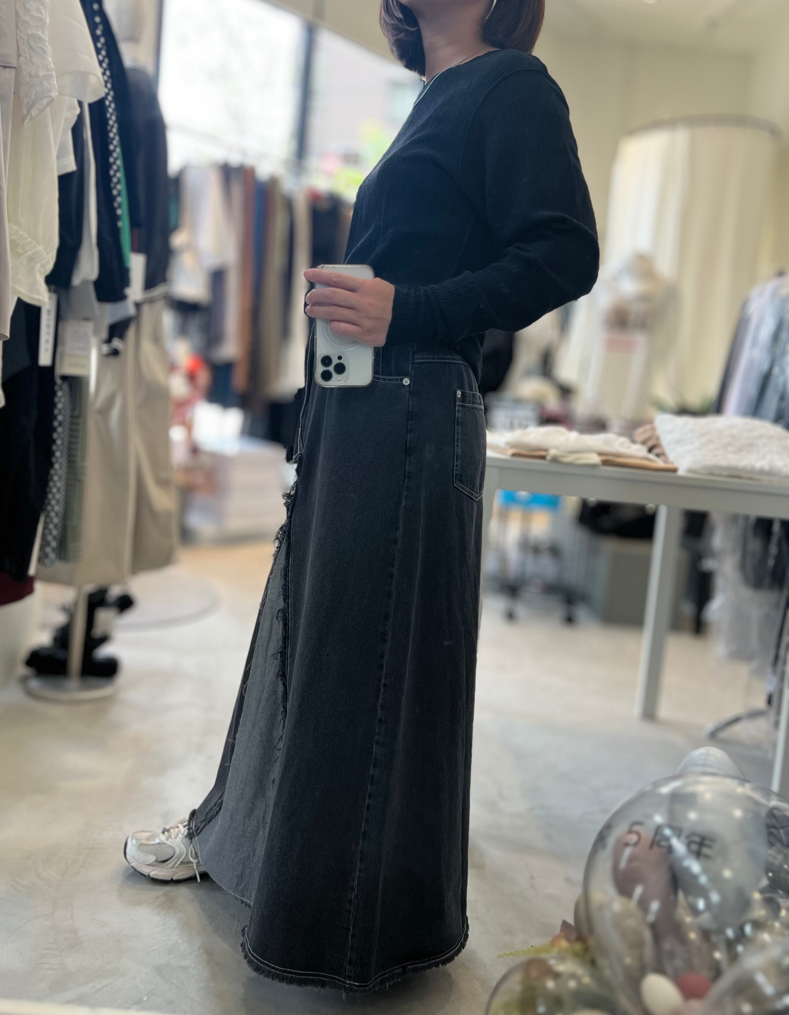 【SELECT】リメイク風断ち切りロングデニムスカート 33-0096