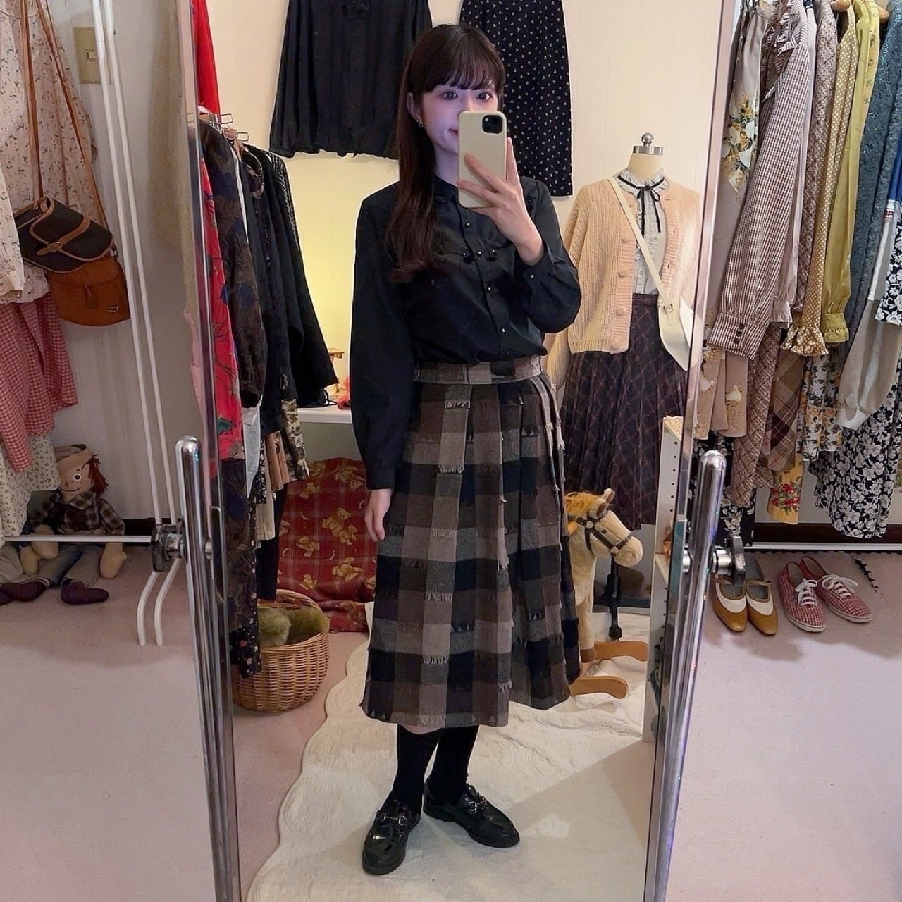 block check fringe wool skirt