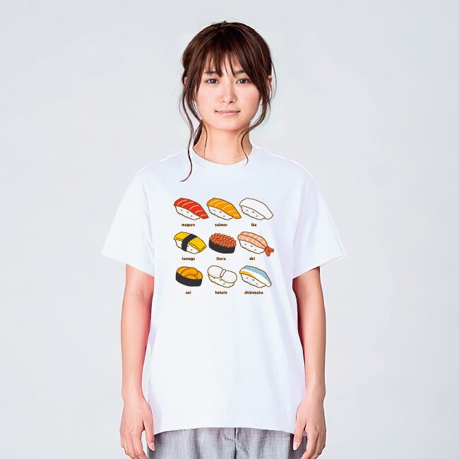 寿司九貫 Tシャツ メンズ レディース 食べ物 おもしろ パロディ ネタ 白 プレゼント 大きいサイズ 綿100% 160 S M L XL