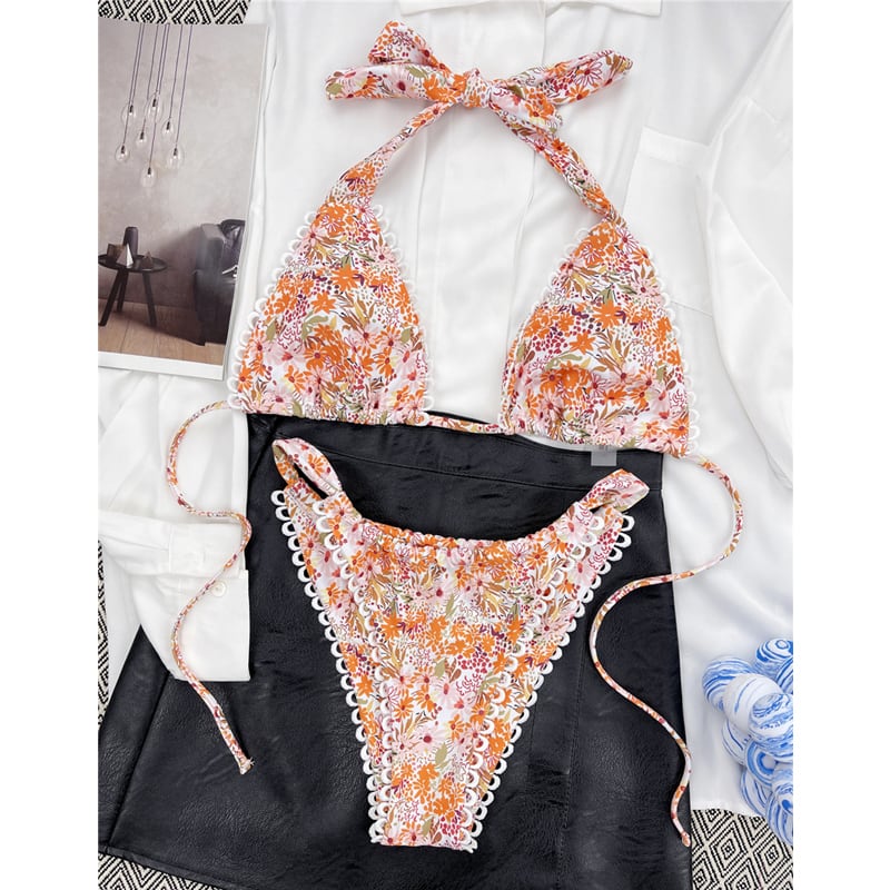 送料無料 花柄ビキニ水着女性セクシーホルターレース水着セット