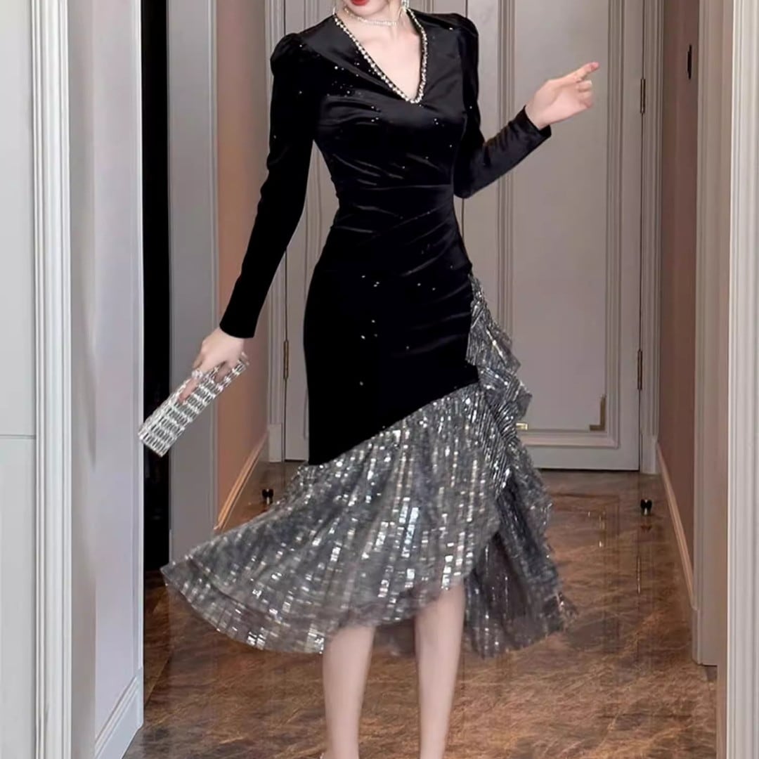 Long Sleeve Ruffle Midi Dress V3183