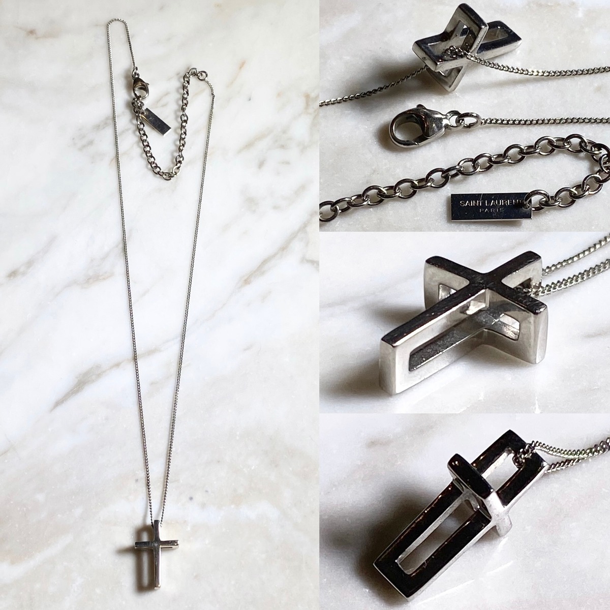 SAINT LAURENT PARIS silver color metal 3D cross pendant necklace 