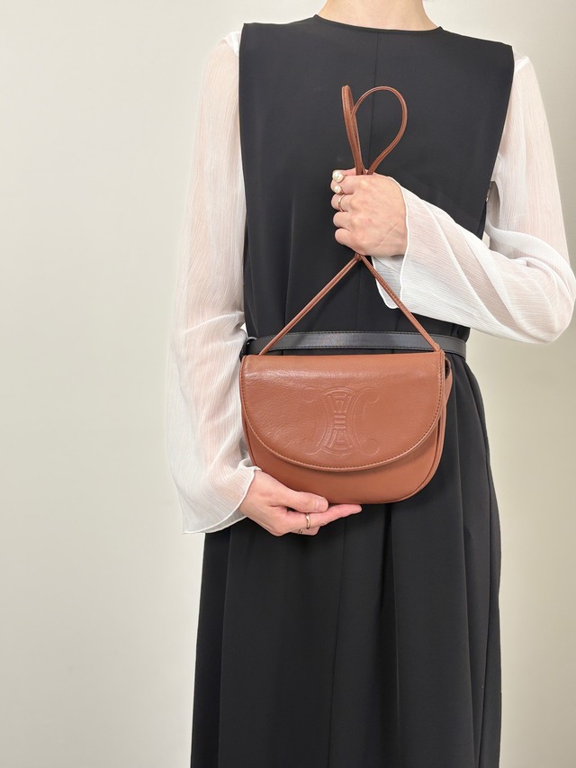 CELINE　セリーヌ　ブラゾン型押し　レザー　ショルダーバッグ　アイボリー×ブラウン　vintage　ヴィンテージ　オールドセリーヌ　vatnr3