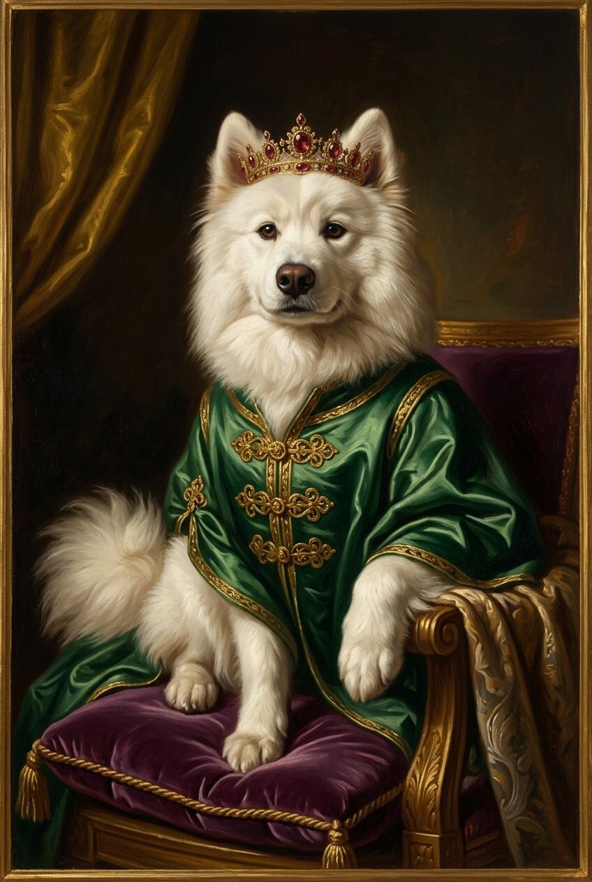 犬（サモエド）のルネサンス風肖像画 油絵風アートA4額装インテリア