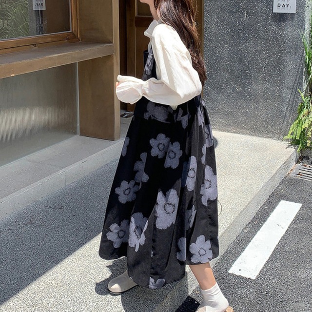 Monochrome Painted Flower Pinafore Gown　S0301