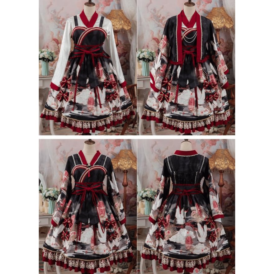 即納 黒Sサイズ】和ロリ 鶴と扇の和柄 ロリータ 着物風 JSK+羽織 豪華
