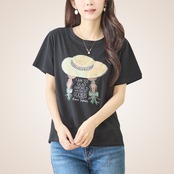 TRUBE ストローハットガールプリントTシャツ【M~L】ブラック