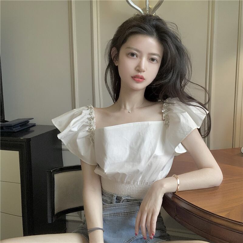 シャツ ショートカラーサマーホワイトトップス 夏物 スクウェア ブラックストロベリース92910626748