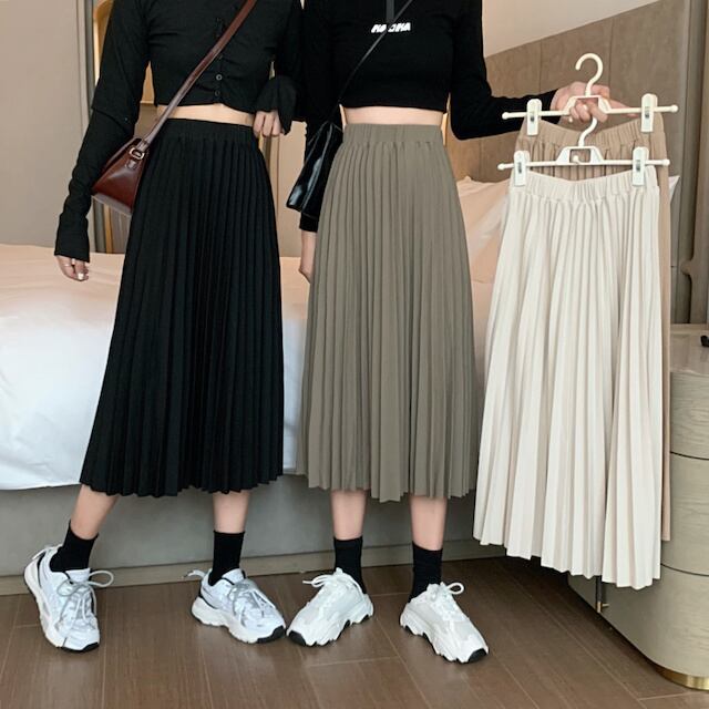 【予約販売】スカート プリーツスカート プリーツ Aライン 膝丈 秋冬カラー 通勤 ミディスカート ミディ丈 スカート ミモレ丈 カーキ、アプリコット、ブラック、ピクルスグリーン