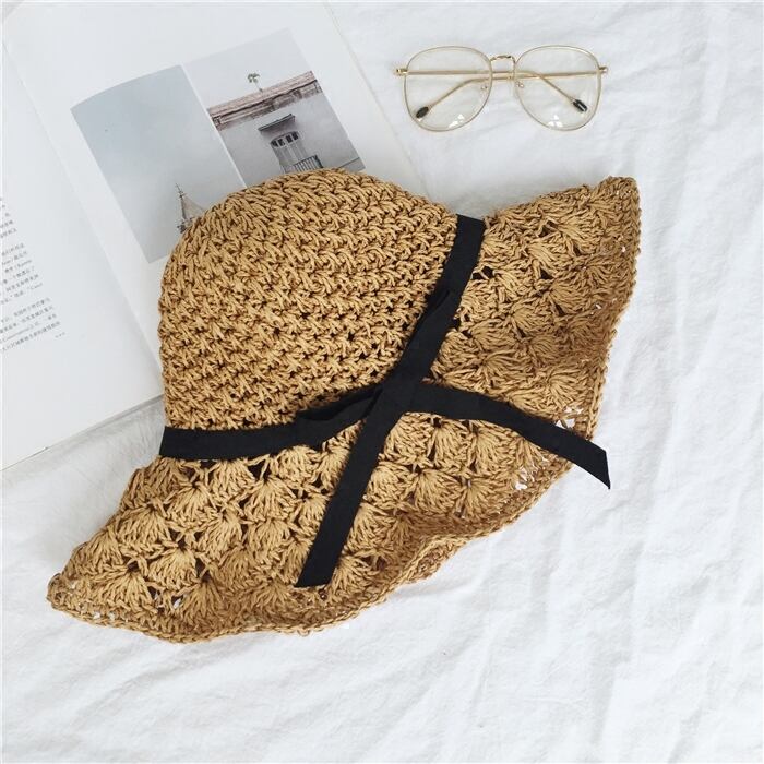 手作り麦わら帽子ボウノットビーチサンハット女性折りたたみ式洗面器ハット海辺の休暇poサンハット ブラック・アイド・ピーズ75692426545