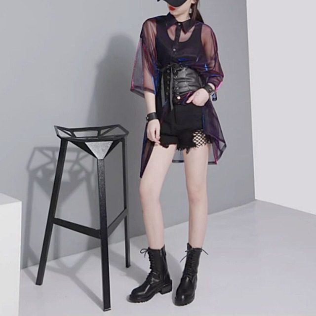 Sheer iridescent oversized shirt【2color】 C0271