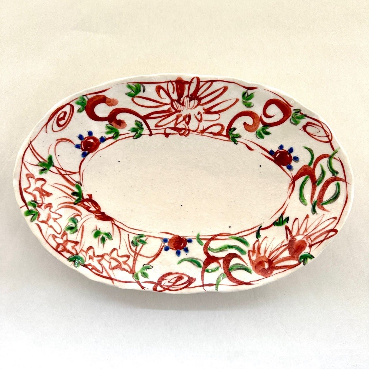 志野赤絵草花文楕円皿(大)【榛澤宏】