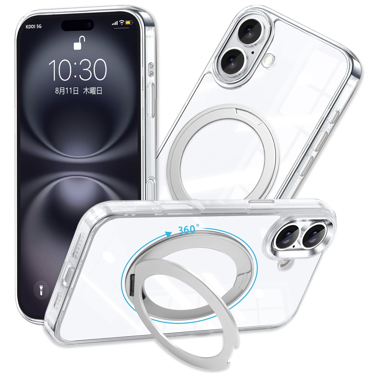 JOUMIN YAO 対応 iPhone16 ケース MagSafe対応 クリア 360°定点回転スタンド リング 縦横両対応 シルバー