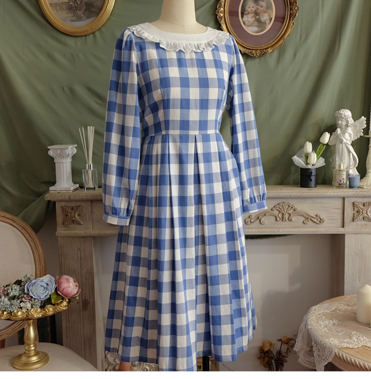 美品】フォクシー ワンピースドレス 紺×白ギンガムチェック ひざ丈 
