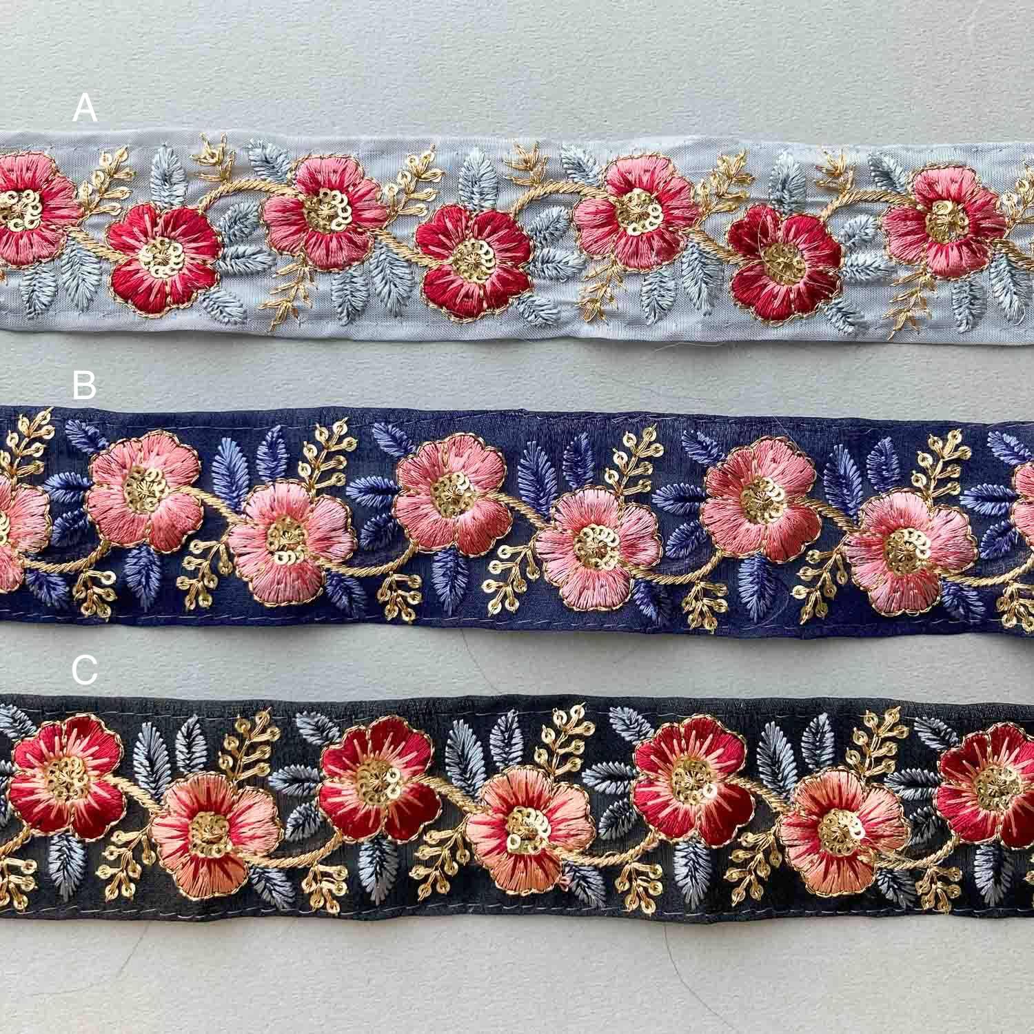 2色の花とゴールド茎の刺繍リボン（1mカット） | Dua-アクセサリー