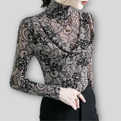 ハイネック シアーレース ロングスリーブ トップス 1col　D00561